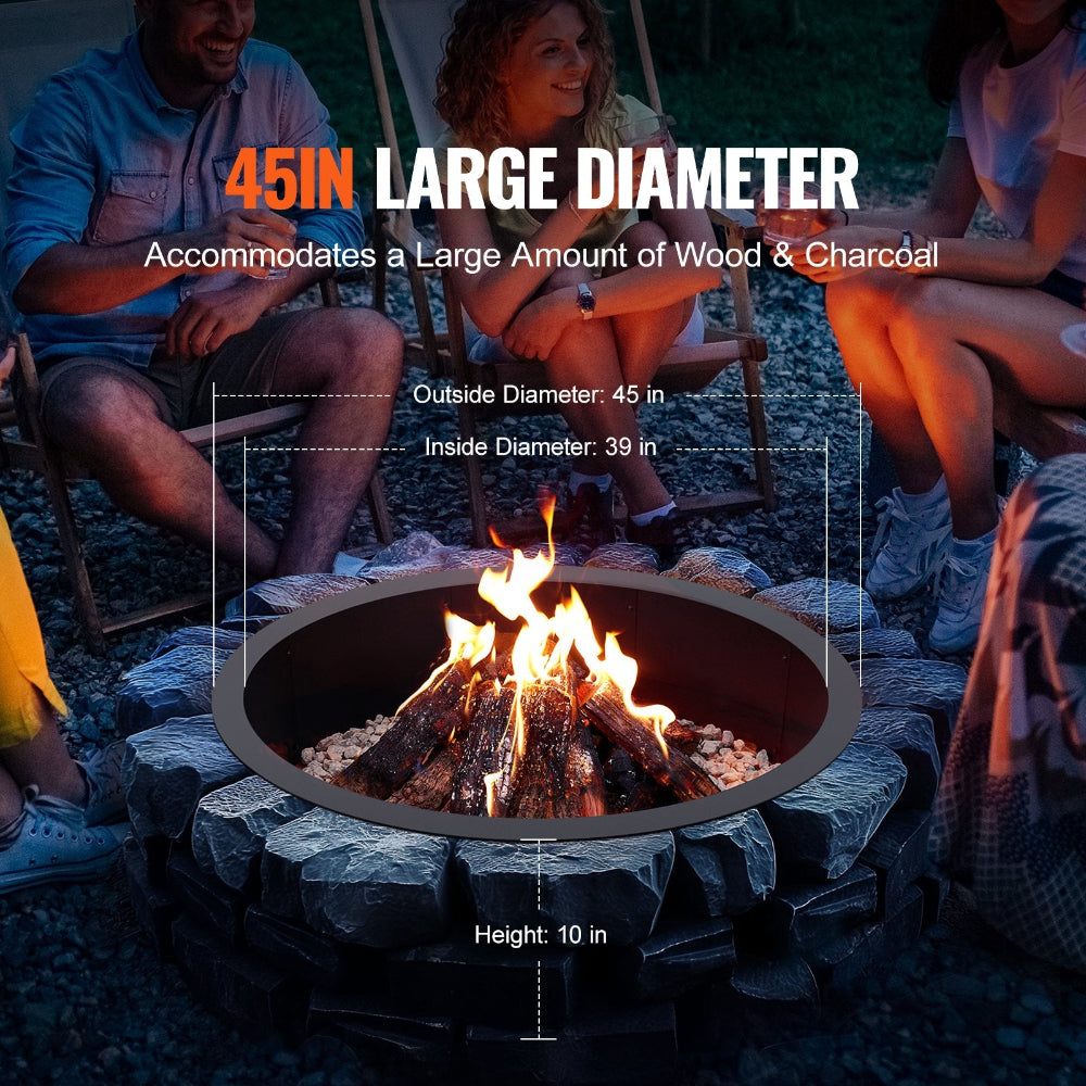 Fire pit with people around, featuring text about its size and capacity.