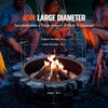 Fire pit with people around, featuring text about its size and capacity.