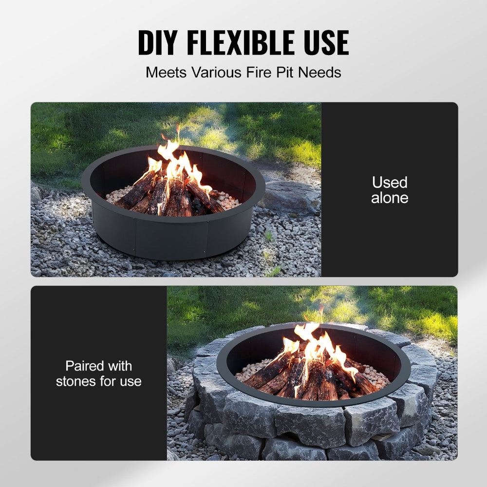 Fire pit with flames, shown used alone and paired with stones on a gray background.