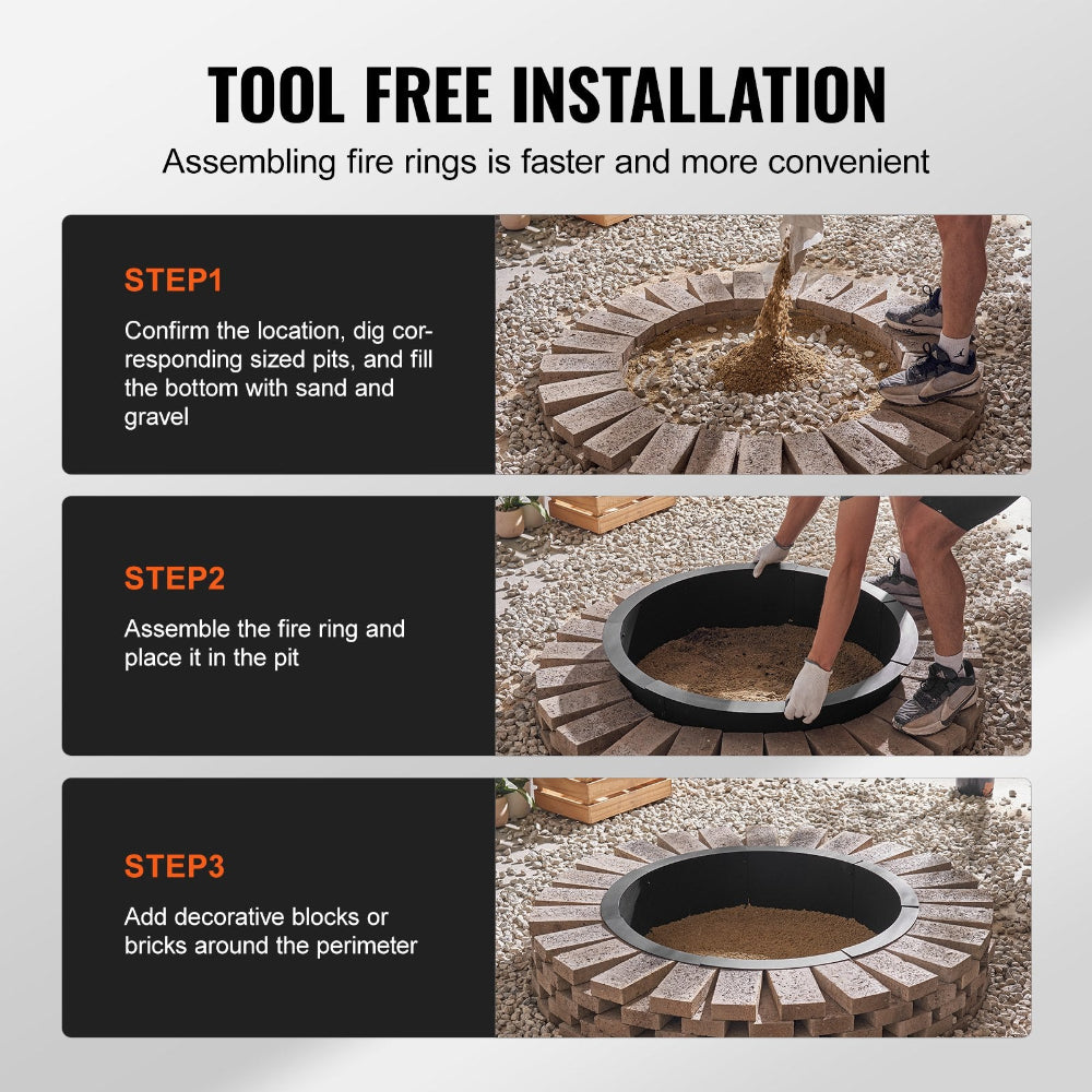 Step-by-step guide to assembling a fire ring with text indicating tool-free installation.
