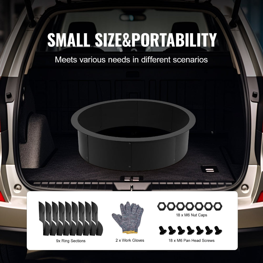 Black container in a car trunk with small size and portability text, and additional items displayed below.
