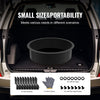 Black container in a car trunk with small size and portability text, and additional items displayed below.