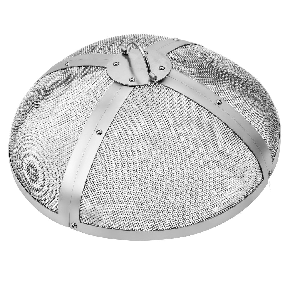 Metal fire bowl with mesh design on a white background