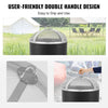 Black fire pit with double handle design screen cover, easy to grip and use, set against a grassy outdoor background.