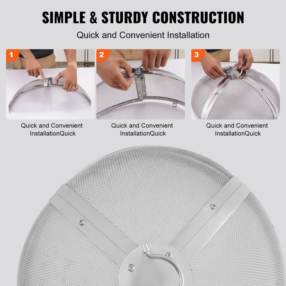 Step-by-step installation guide for a mesh screen with text 'Simple & Sturdy Construction' and 'Quick and Convenient Installation'.