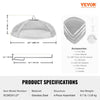 Product specifications for a stainless steel fire pit with accessories on a white background.