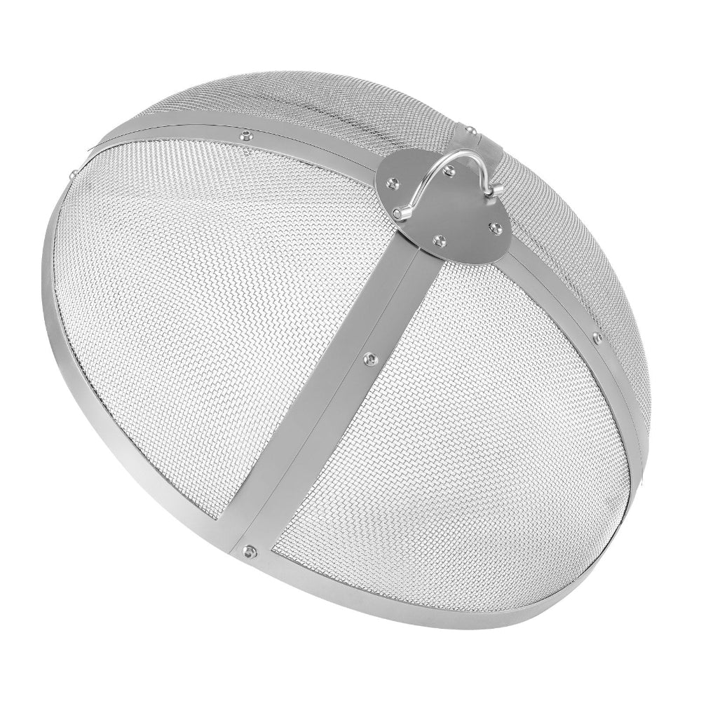 Round metal fire screen with mesh design on a white background