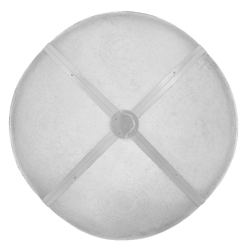 Round white mesh fire pit screen with a central metal component on a white background
