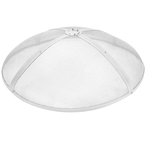 Round metal fire pit screen with mesh design on a white background
