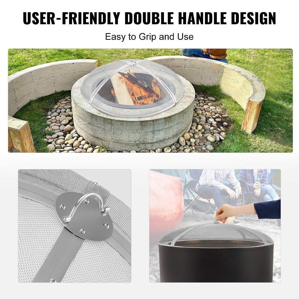 Fire pit screen with double handle design, easy to grip and use, on grass.
