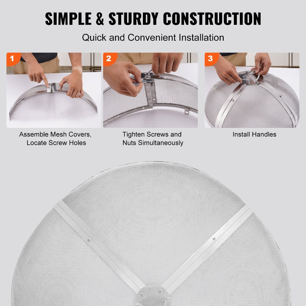 Step-by-step guide on assembling mesh covers with text indicating simple and sturdy construction.