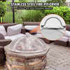 Stainless steel fire pit cover with stone fire pit on patio