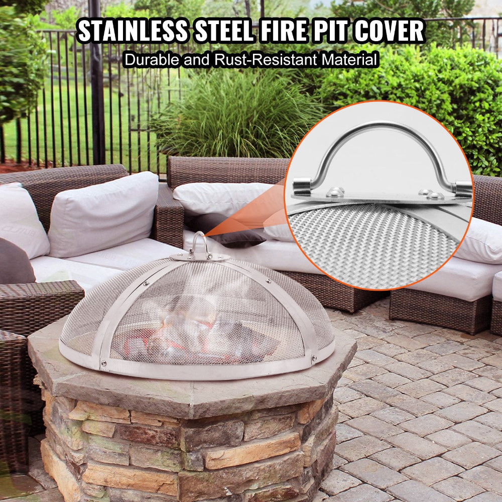 Stainless steel fire pit ember screen cover with stone fire pit on patio