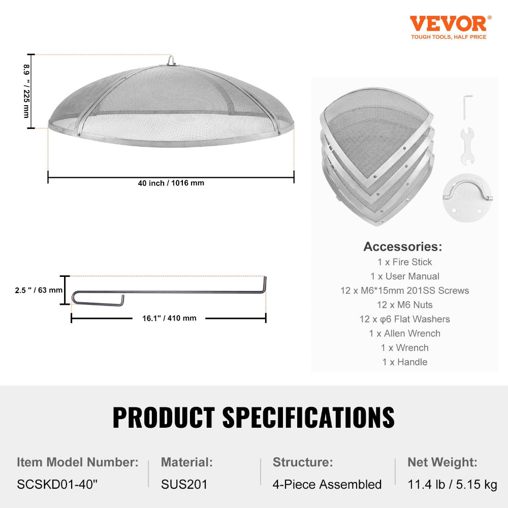 Product specifications for a Vevor fire pit screen with dimensions, accessories, and material details.
