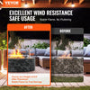 Advertisement for VEVOR fire pit cover with before and after comparison on a patio.