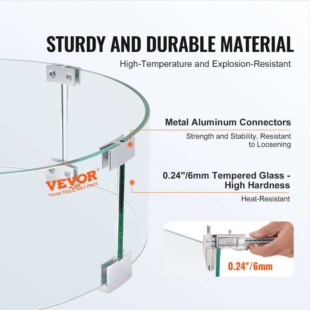 Glass table with metal connectors and VEVOR branding, highlighting durability and material properties.