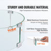 Glass table with metal connectors and VEVOR branding, highlighting durability and material properties.