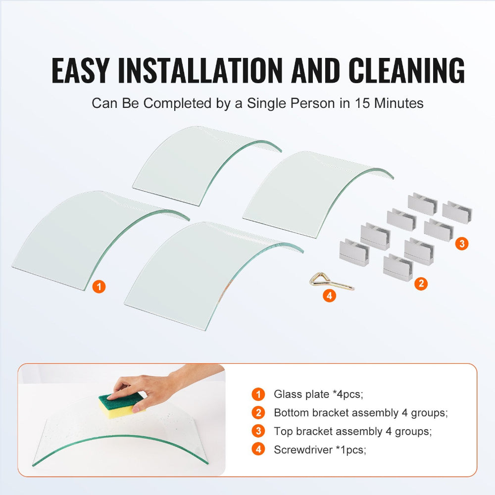 Glass display case components with installation instructions on a white background