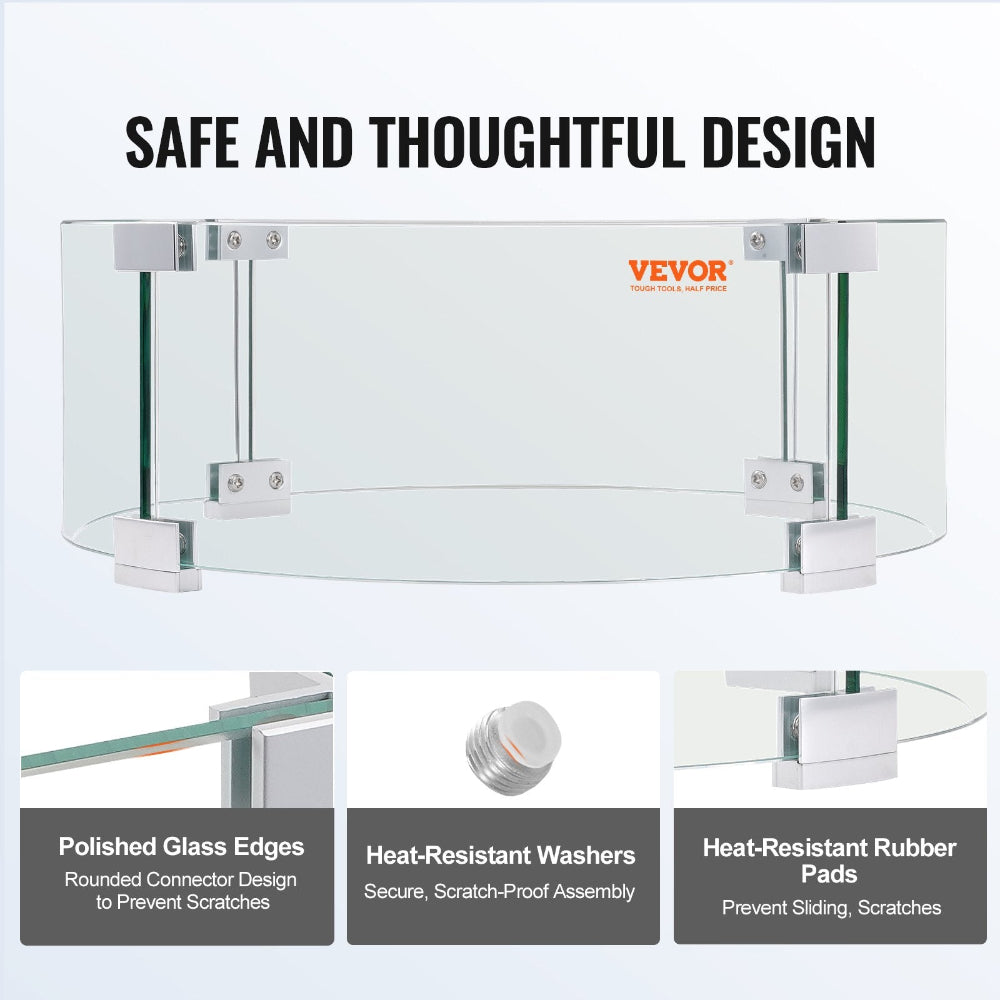 Glass shower enclosure with Vevor branding and safety features highlighted on a white background.