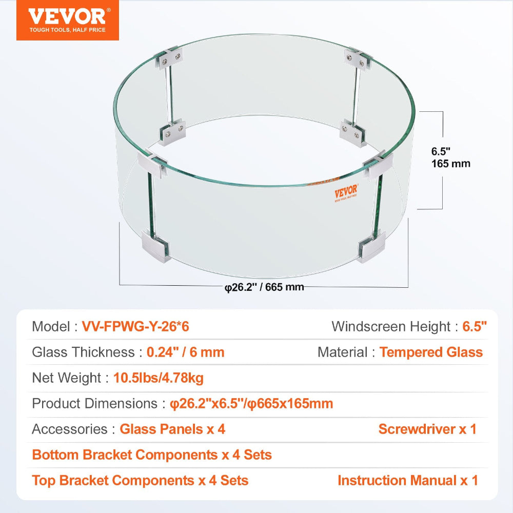 Vevor tempered glass windscreens with dimensions and specifications on a white background