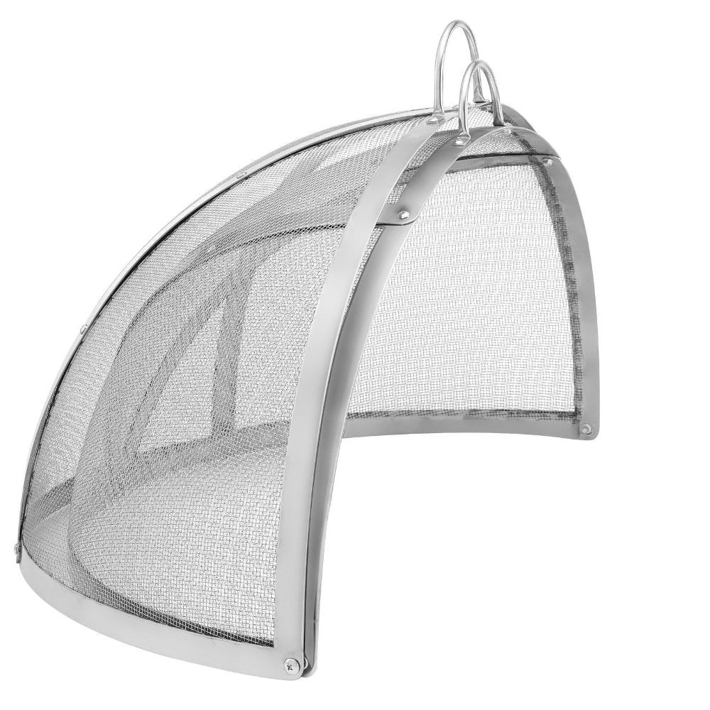 Metal mesh fire screen with a hook on a white background