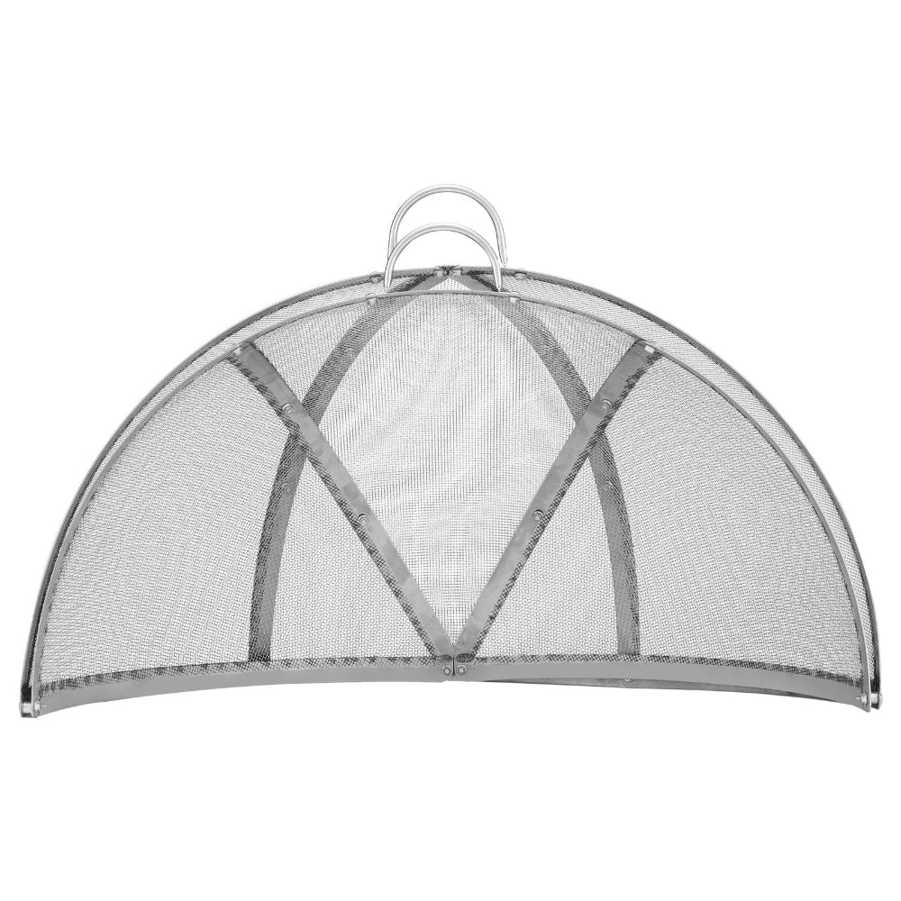 Metal fire screen with a handle on a white background