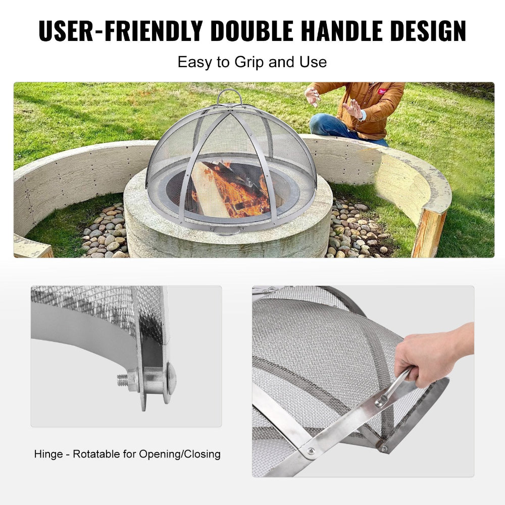 Fire pit with a mesh cover and double handle design, set in a grassy area.