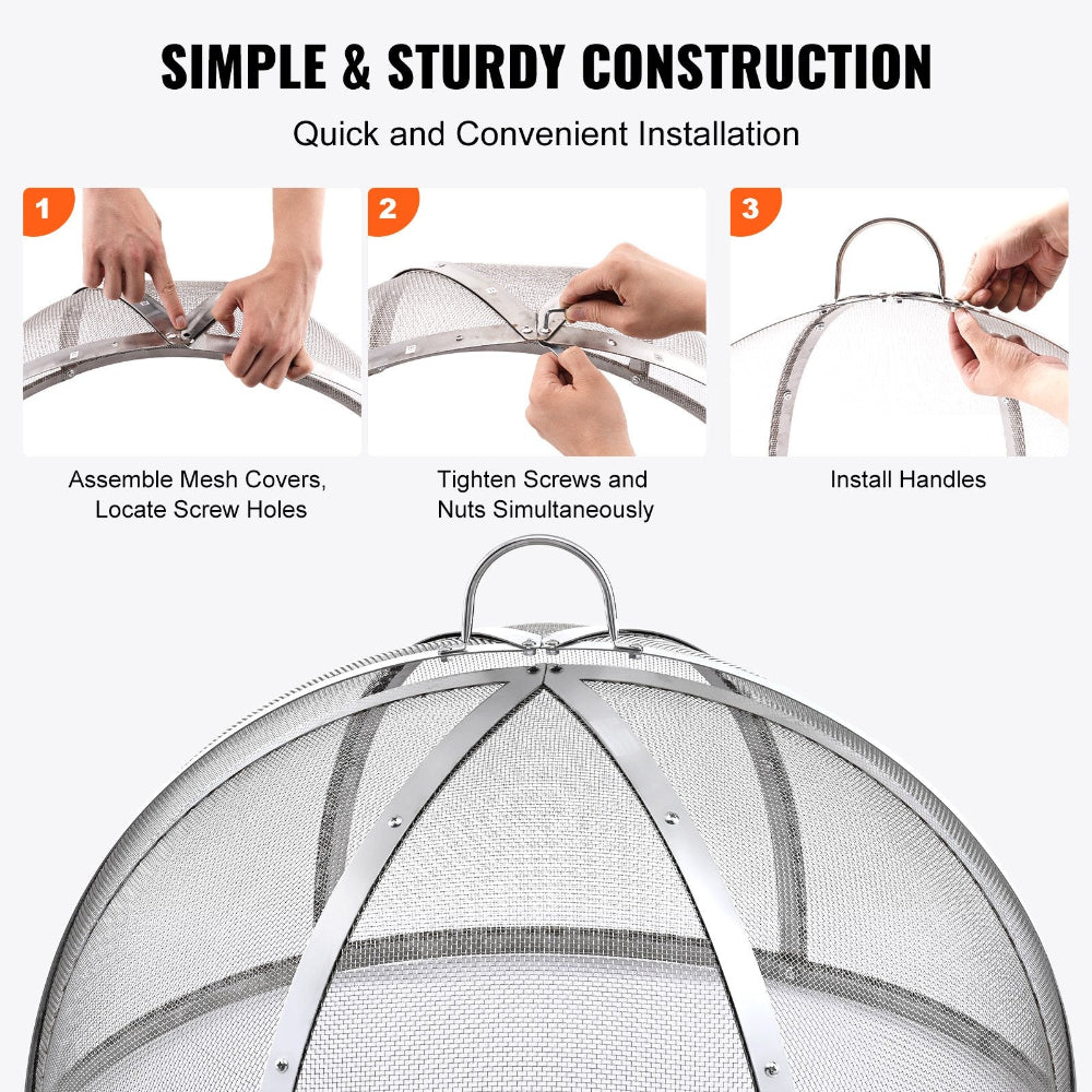 Step-by-step guide on assembling a metal mesh cover with handles.