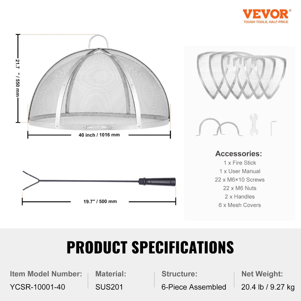 Product specifications for a Vevor fire pit cover with dimensions, accessories, and material details.