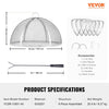 Product specifications for a Vevor fire pit cover with dimensions, accessories, and material details.