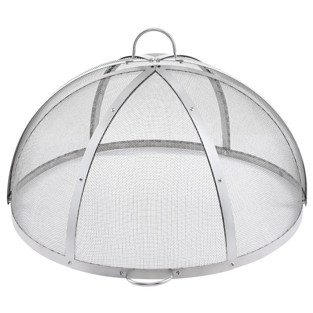Metal fire pit screen with mesh design on a white background