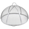 Metal fire pit screen with mesh design on a white background