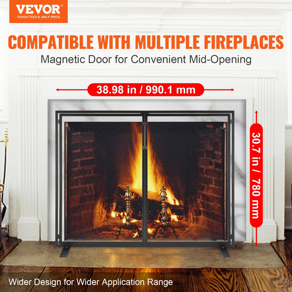 Vevor fireplace screen with dimensions displayed, showing a fire burning inside.