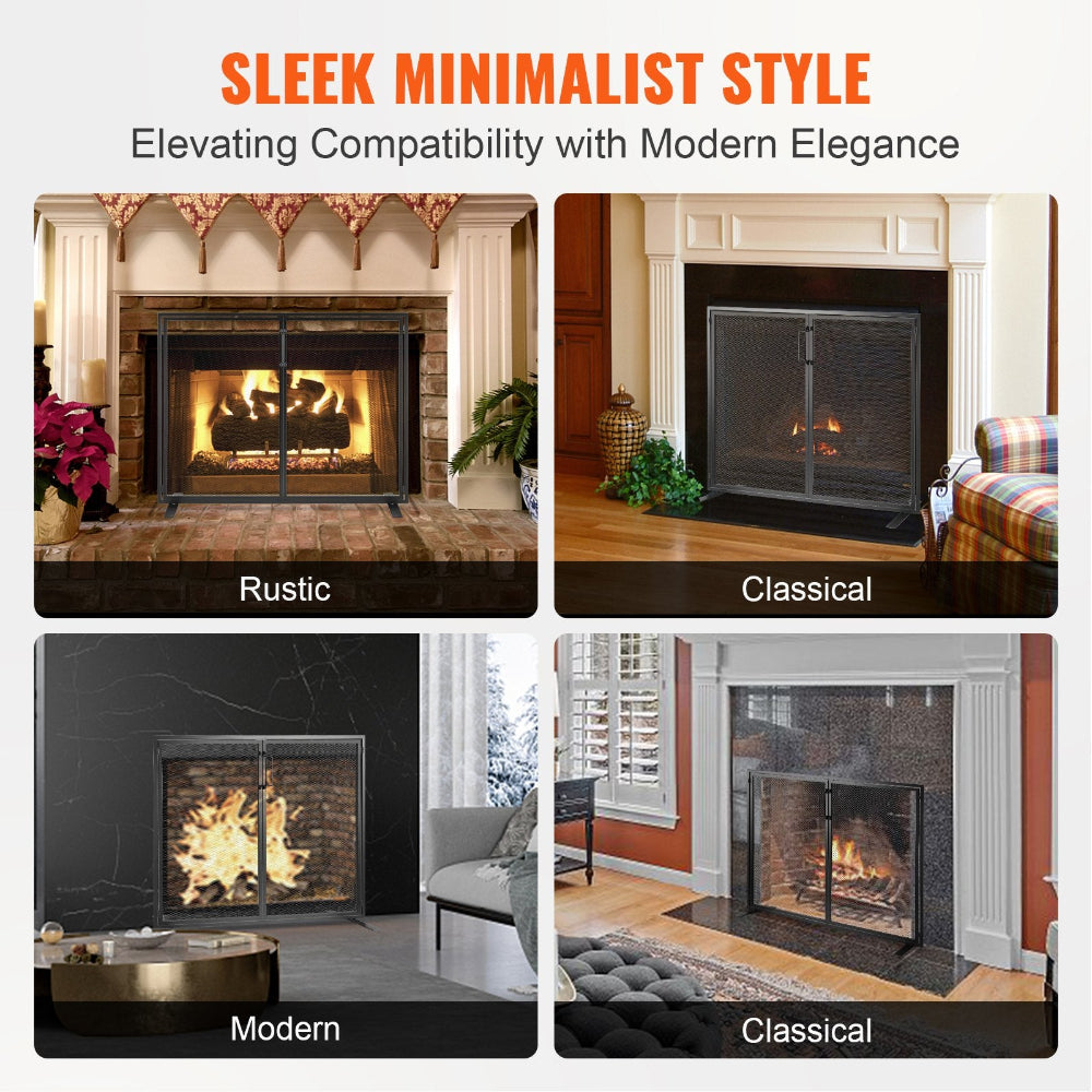 Four different styles of fireplaces with text 'Sleek Minimalist Style' and 'Elevating Compatibility with Modern Elegance'.