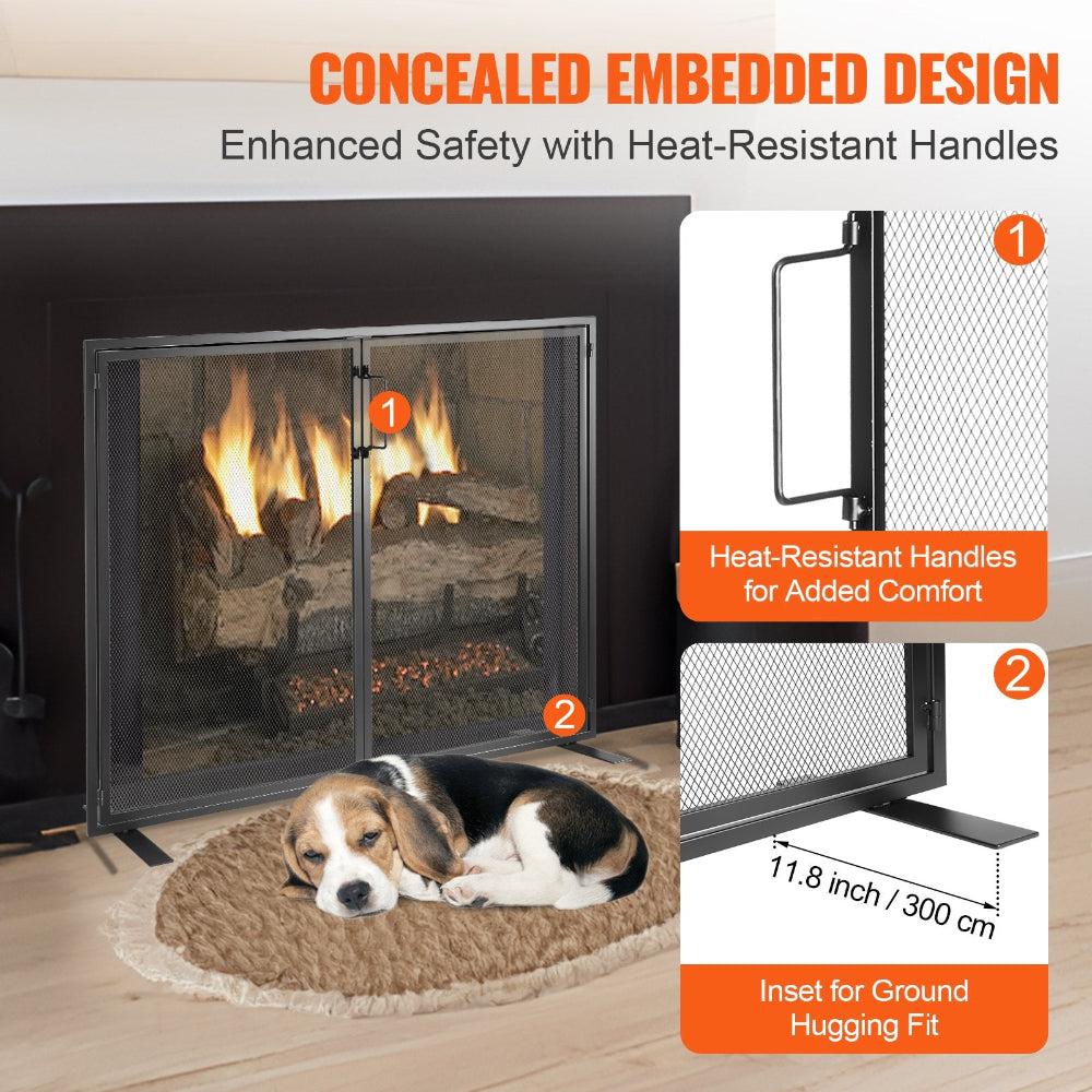 Fireplace screen with heat-resistant handles and dog resting on a mat in front of it