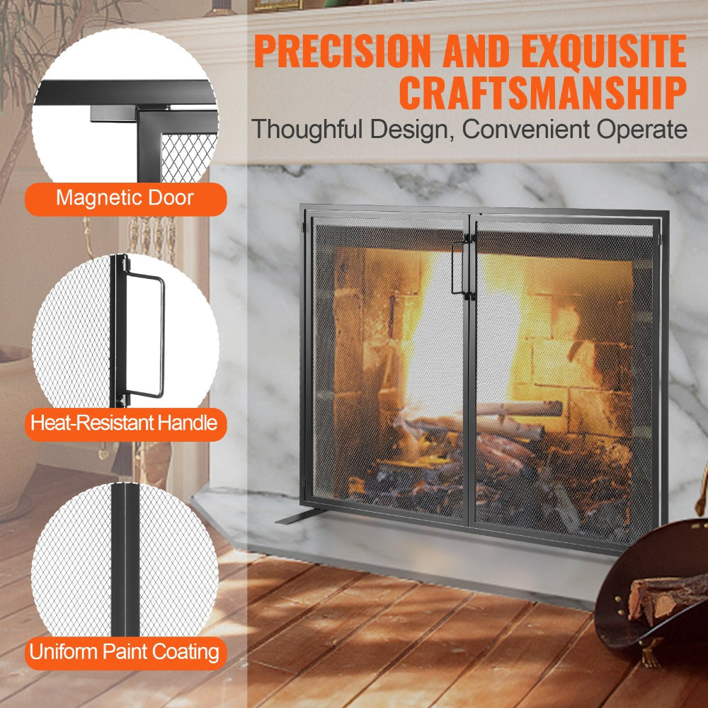 Fireplace screen with magnetic door, heat-resistant handle, and uniform paint coating on a marble wall background.