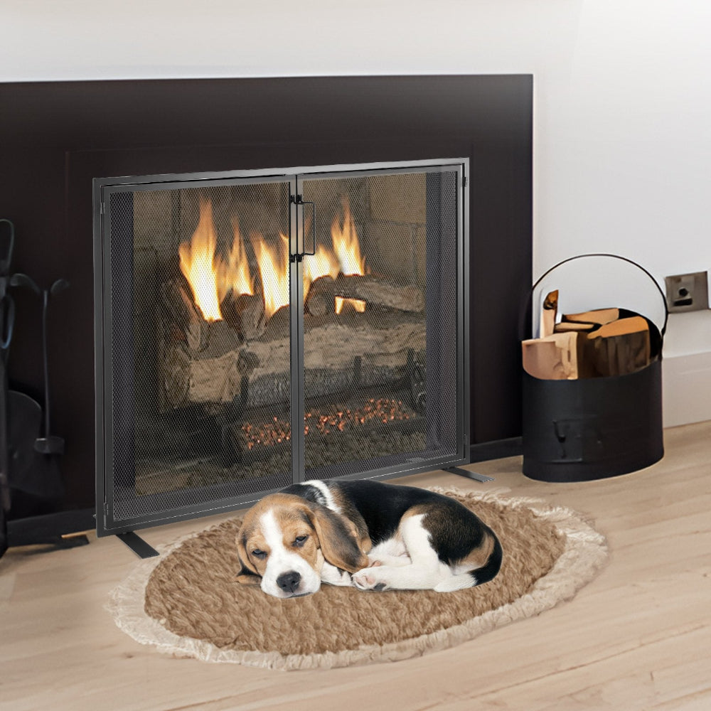 Dog lying on a mat in front of a lit fireplace with a black screen.