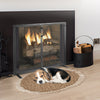 Dog lying on a mat in front of a lit fireplace with a black screen.