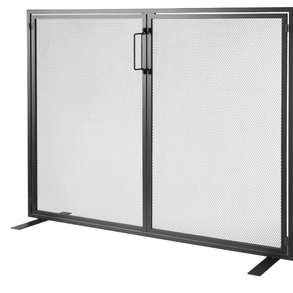 Black mesh fireplace screen with a hinged door on a white background