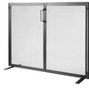 Black mesh fireplace screen with a hinged door on a white background