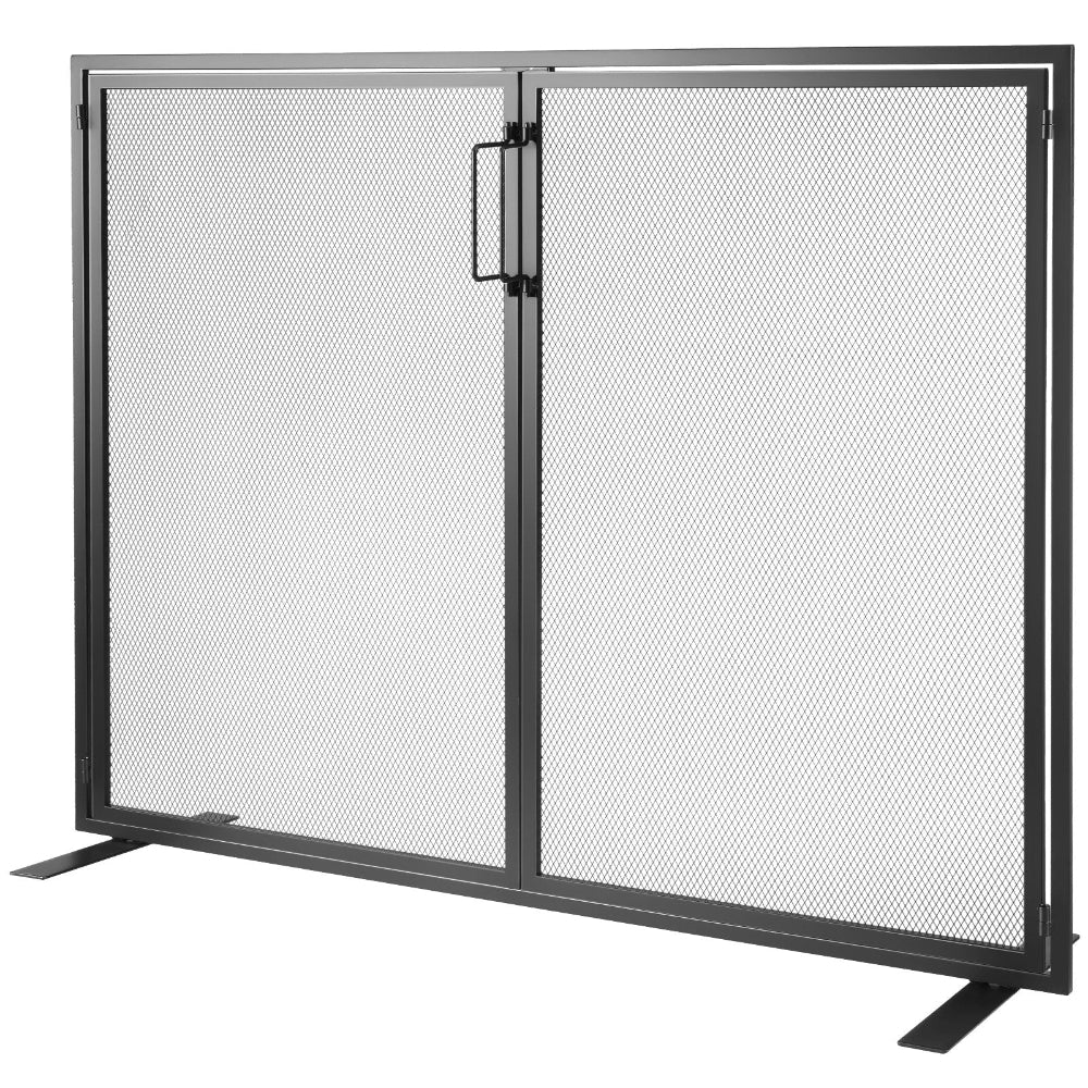 Black mesh fireplace screen with a hinged door on a white background