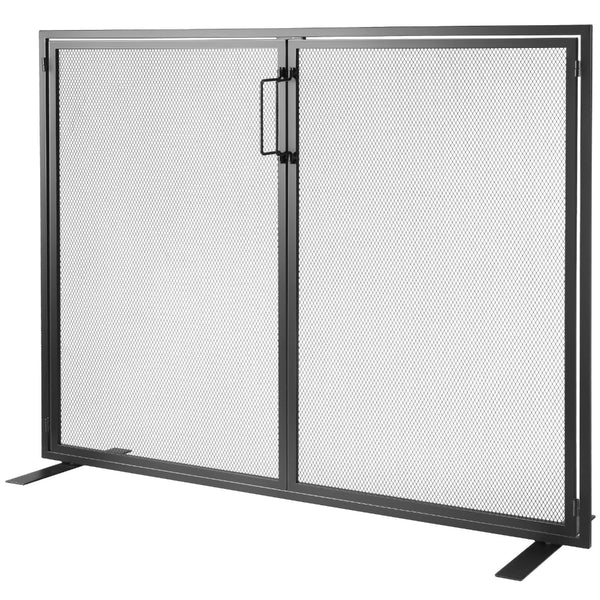 Black mesh fireplace screen with a hinged door on a white background