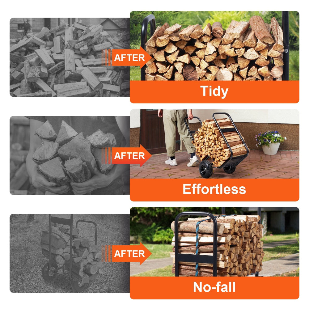 Collage of images showing the benefits of using a firewood rack with text labels 'Tidy', 'Effortless', and 'No-fall'.