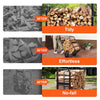 Collage of images showing the benefits of using a firewood rack with text labels 'Tidy', 'Effortless', and 'No-fall'.