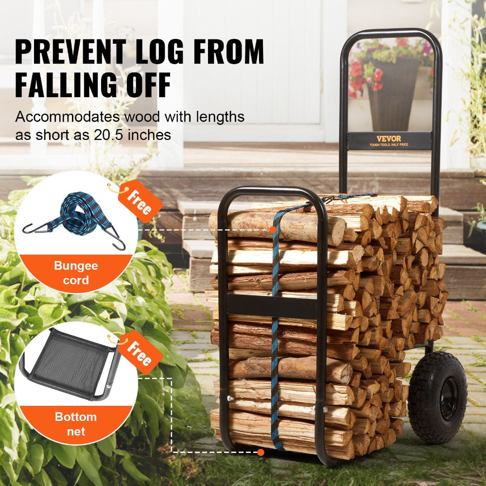Wood storage cart with logs, bungee cord, and bottom net on a patio background