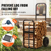 Wood storage cart with logs, bungee cord, and bottom net on a patio background