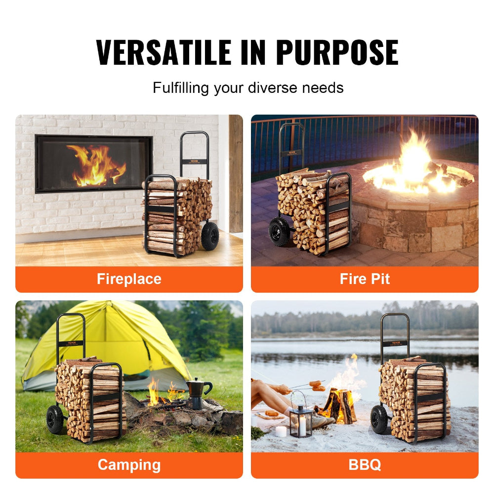 Log carrier with firewood in various settings including a fireplace, fire pit, camping, and BBQ.