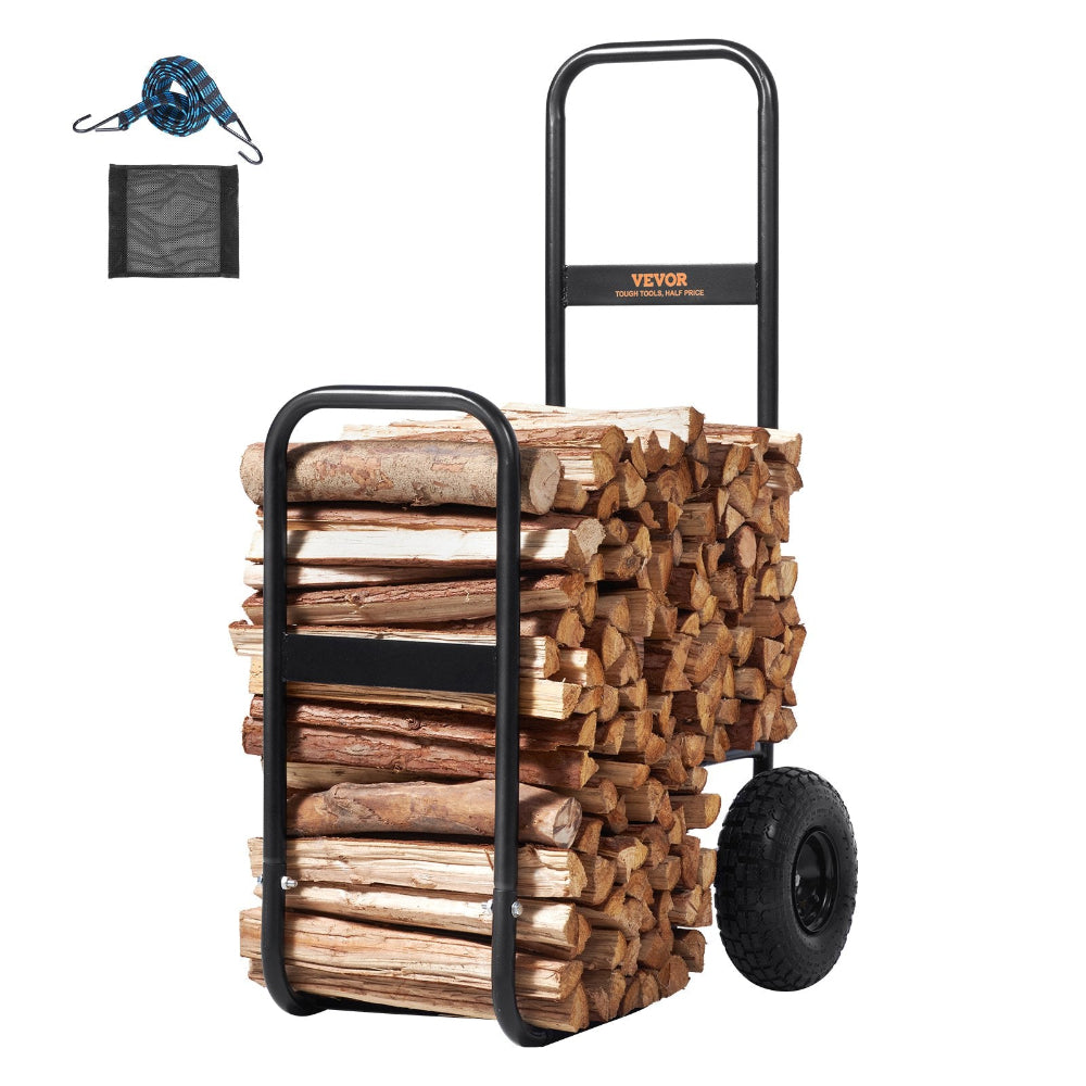 Wooden log carrier with wheels and logs, featuring VEVOR branding.