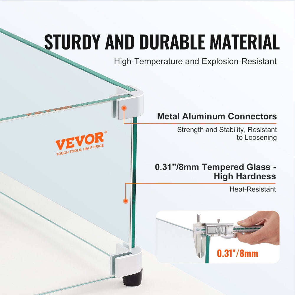 Glass panel with metal connectors and Vevor branding, highlighting durability and material properties.