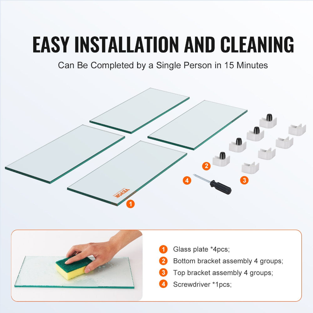 Glass panels and installation components with text on easy installation and cleaning.